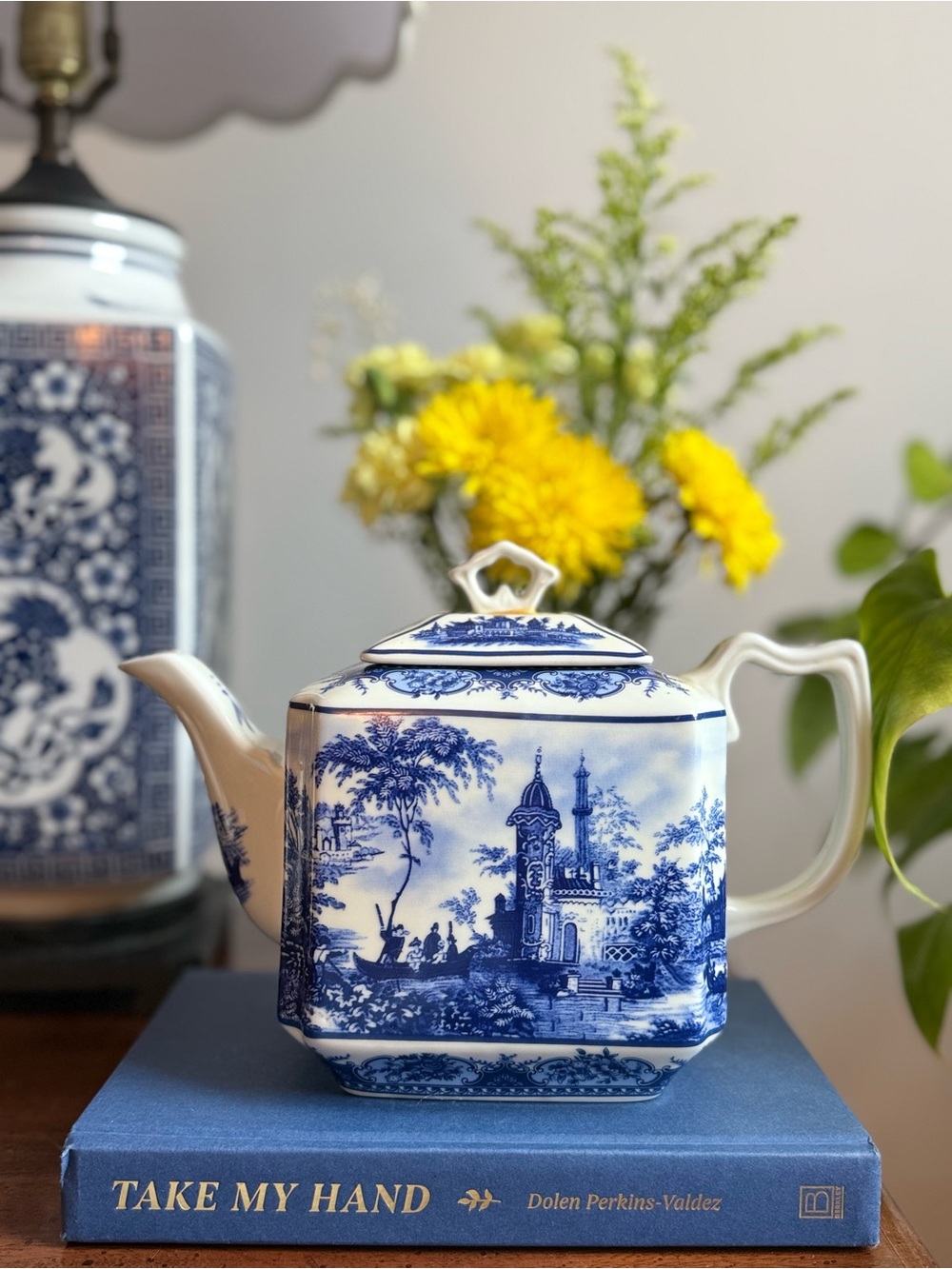 Blue and White Porcelain Teapot with Scenic Transfer